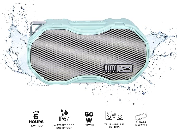 Altec Lansing - Baby Boom Waterproof Bluetooth Speaker, Wireless & Portable for Travel & Outdoor Use, Deep Bass & Loud Sound, 1 Pack (Mint)