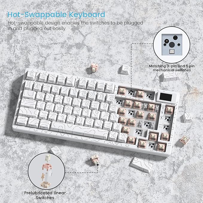 Womier SK80 75% Percent Keyboard Gaming with Color Multimedia Display Mechanical Keyboard Topographic, Hot Swappable Gasket Mount RGB Creamy Key Board Pre-lubed POM Switch for Mac/Win,White