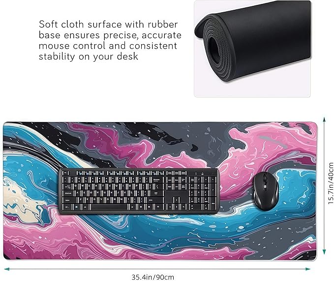 Gaming Mouse Pad, Abstract Fluid Design, 35.4 x 15.7 Inches, Non-Slip Rubber Base, Washable Desk Mat for Office and Gaming