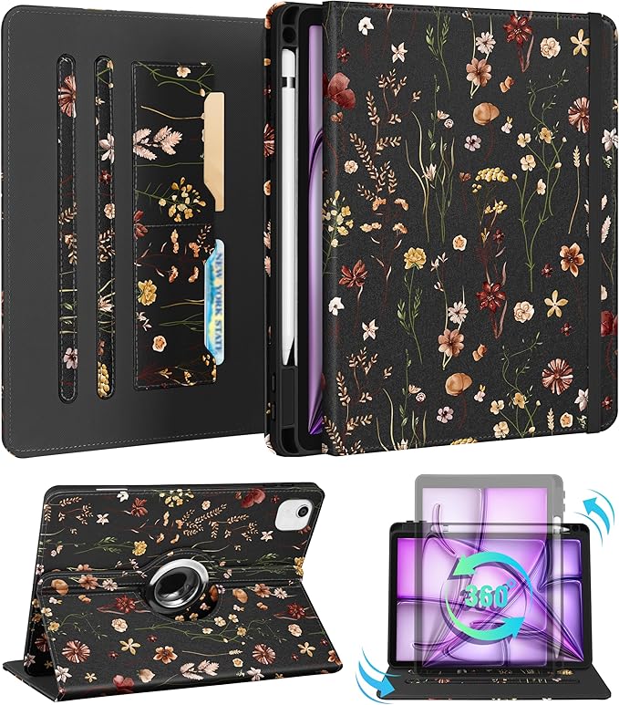 Kidcube for iPad Air 13 Inch Case (M3/M2)/for iPad Pro 12.9 Cases 6th/5th (2022/2021) - Women Girls Cute Rotating Stand Folio Cover with Pencil Holder & Card Slot Design Flowers Floral Unique Cover