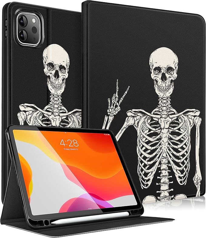 Uppuppy for iPad Air 11 inch (M2/M3) Case, Air 5th/4th Generation 10.9, Pro 11'' Case Cute Kids Women Girls Folio Skeleton Pencil Holder Cover for iPad Air 11 2024/2025, 10.9 2022 2020, Pro 11