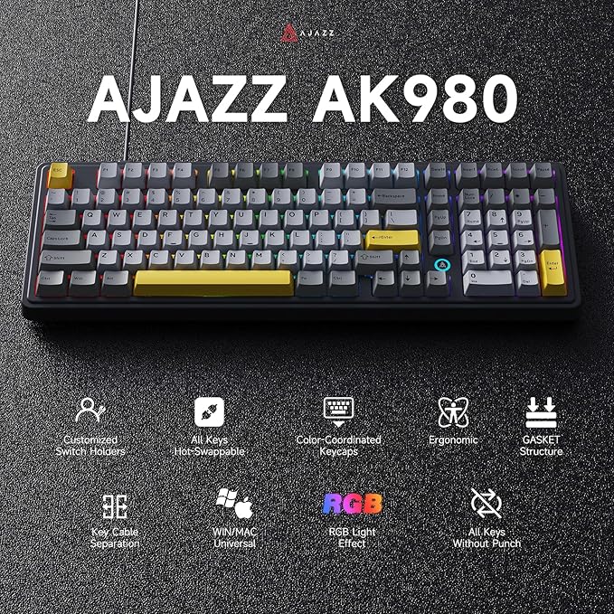 NACODEX AK980 Wired Mechanical Gaming Keyboard, 98% Gasket Hot Swappable Keyboard with RGB Backlit, PBT Keycaps, Five-Layer Padding, 101 Keys Gaming Keyboard, Gray White Yellow