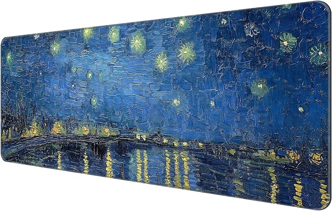 Thin Extended Gaming Mouse Pad （31.5 * 11.8 * 0.08 inch） with Stitched Edges Large Mousepad Long XXL Keyboard and Mouse pad Desk Mat for Gaming Office & Home - Starry Night Over the Rhone