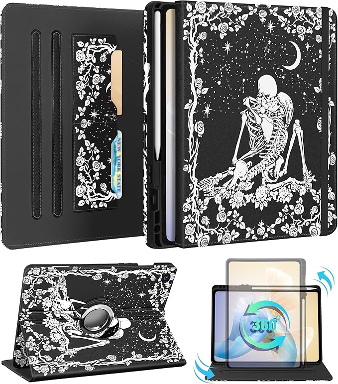 Kidcube for Samsung Galaxy Tab A9 Plus Case 11 Inch - for Women Girls Cute Rotating Stand Folio Cover with Pencil Holder & Card Slot Goth Skull Floral Unique Design for Samsung A9 Plus Tablet Cases