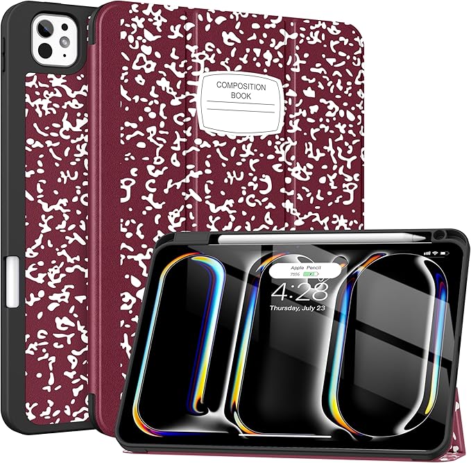 Soke Case for New iPad Pro 11 Inch (M5/M4) 5th Generation 2024-2025 with Pencil Holder - [Shockproof + Apple Pencil Charging + Auto Wake/Sleep], Soft TPU Back Cover for iPad Pro 11", Book Wine
