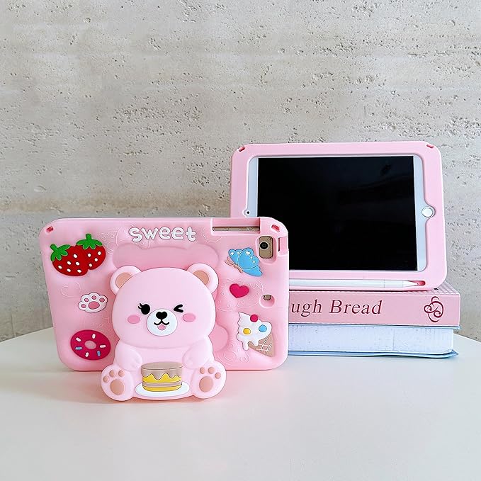 3D Cute Bear Case for iPad 10th Generation (2022) 10.9 inch/iPad (A16) 11th 2025 11 inch,Cartoon Pretty Sweet Bear Soft Silicone Foldable Stand Case with Lanyard for Kids Teens Girls