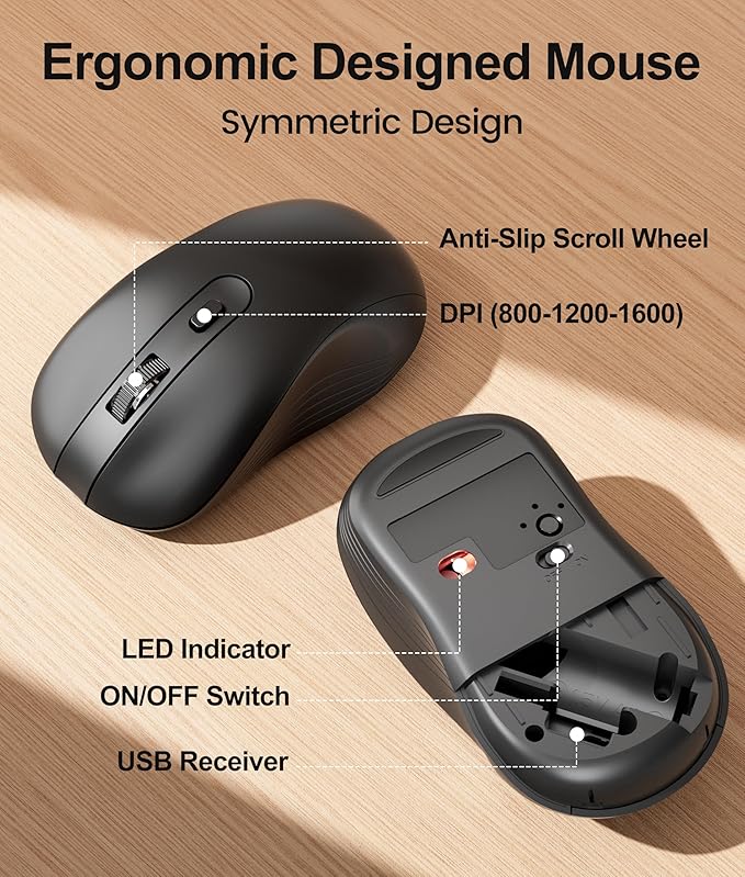 Quiet Wireless Keyboard and Mouse Combo – 3-Level DPI Silent Mouse, Full-Size Ergonomic Wrist Rest, 2.4GHz Plug-and-Play, Multimedia Hotkeys for Windows Computer/Laptop, Black