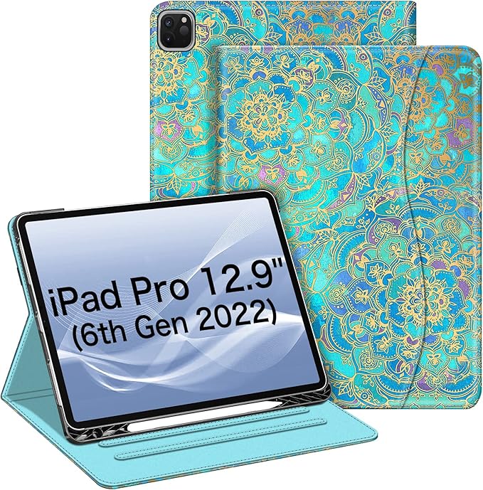 Fintie Folio Case for iPad Pro 12.9" 6th Generation 2022, Multi-Angle Smart Stand Cover w/Pencil Holder & Pocket, Also Fit iPad Pro 12.9 2021 5th & 2020 4th & 2018 3rd Gen, Shades of Blue