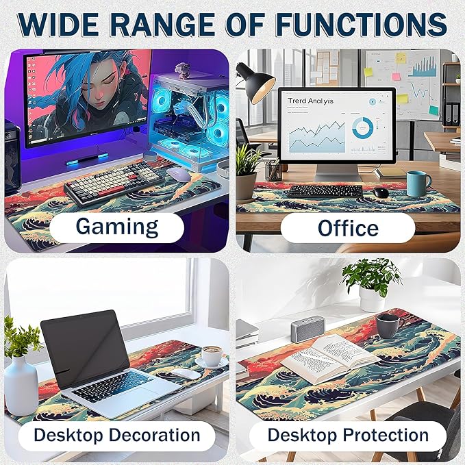 Gaming Mouse Pad - (31.5"×11.8") Wave Style Large Mouse Pads for Desk - Desk Mat for Keyboard and Mouse with Non-Slip Base, Desks Pad Matfor Game/Office & Home