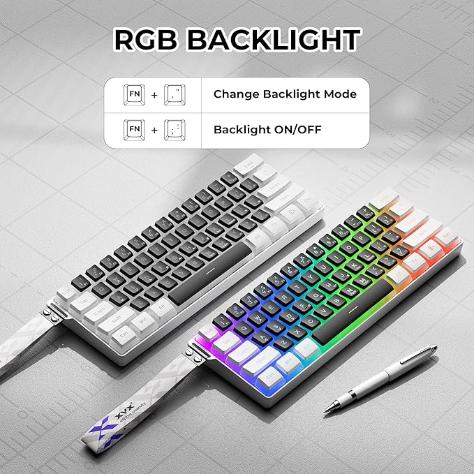 60% Gaming Keyboard,Wired Backlit Mini Membrane Keyboard, Strong Mechanical Feel for PC/Mac Gamer, Typist, Travel, Easy to Carry on Business Trip(61 Keys)-White