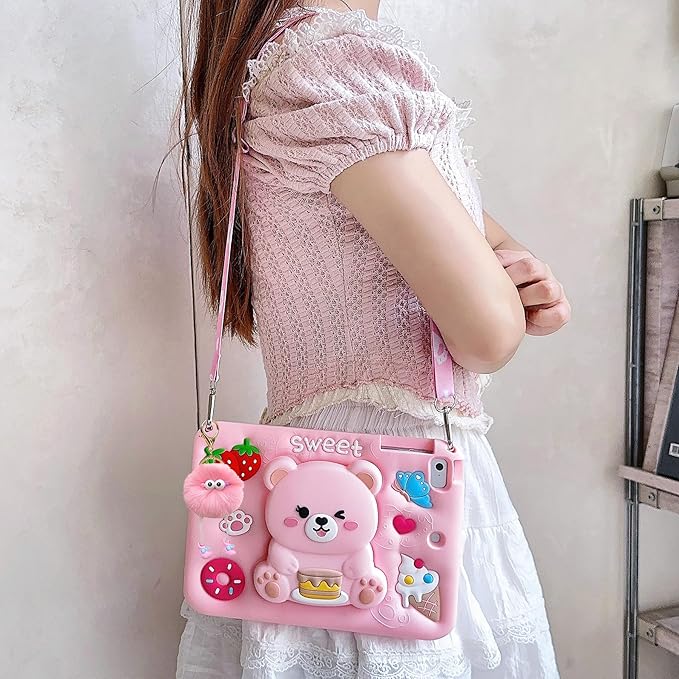 3D Cute Bear Case for iPad 10th Generation (2022) 10.9 inch/iPad (A16) 11th 2025 11 inch,Cartoon Pretty Sweet Bear Soft Silicone Foldable Stand Case with Lanyard for Kids Teens Girls