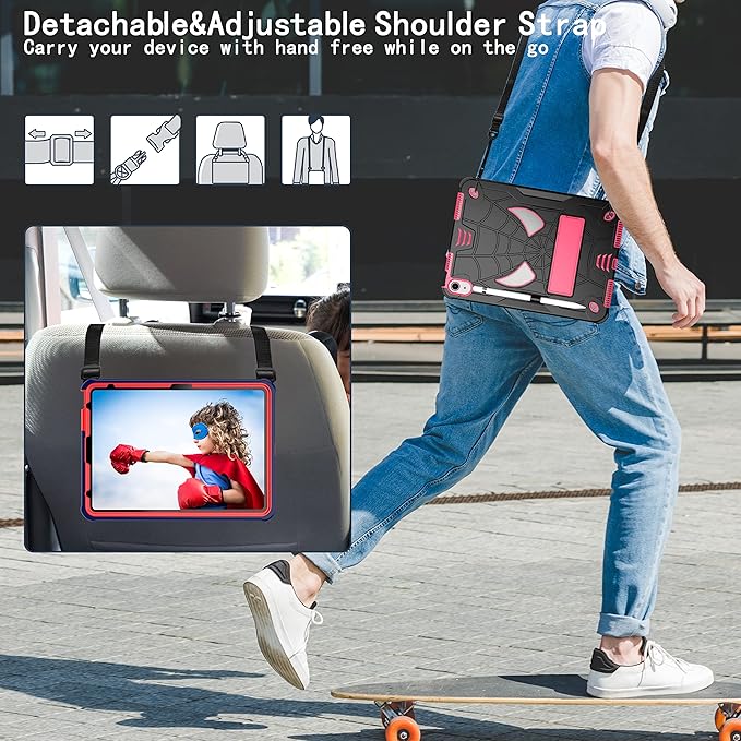Dteck for iPad Air (3rd Generation) 2019/iPad Pro (2017 Release) Hard Case 10.5" with Kickstand, Shoulder Strap/Screen Protector Film/Stylus Included, Shockproof Cute Spider Kid's Cover, Black/Rose