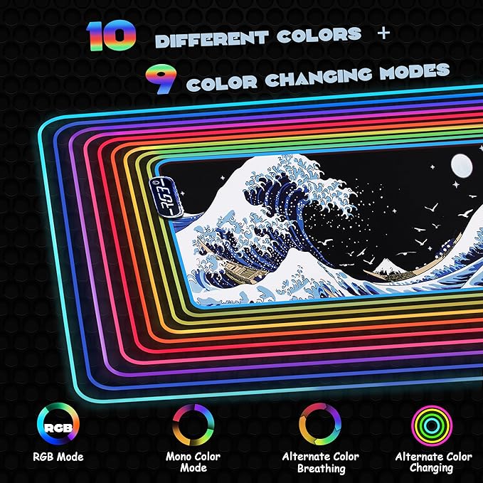 Gaming Laptop Mouse Pad,Sea Wave Big Mice Pads PC Keyboard Waterproof and Non-Slip 31.5 x 11.9 0.12" Thick XL,XXL Rubber Table Mat, RGB Led with 10 Lighting Modes+9 Color Changing Modes Mat