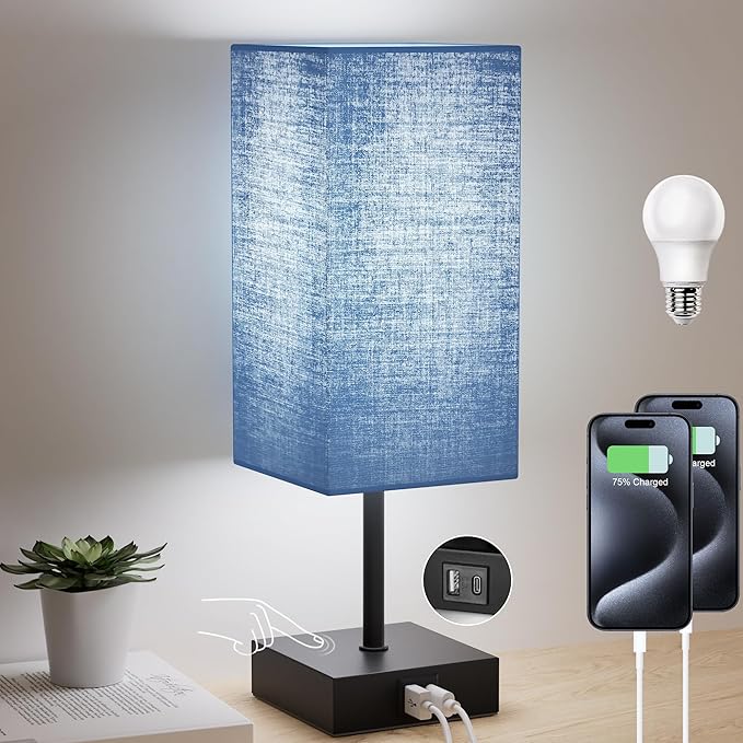 Bedside Table Lamp for Bedroom, 3 Way Dimmable Touch Lamp with USB C+A Charging Ports, Small Nightand Lamps for Bedroom Decor, Living Room, LED Bulbs Included, Upgraded Navy Blue
