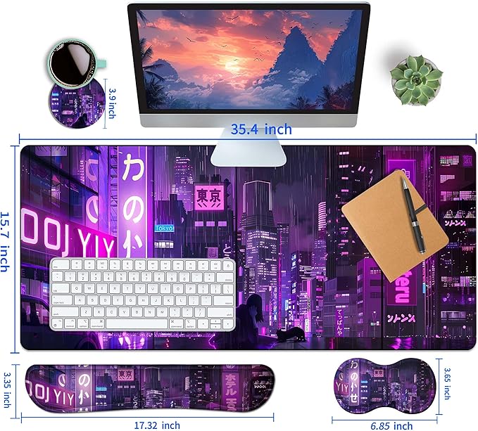 4-Piece Extended Large Mouse Pad Set for Women Men with Purple Anime Design Includes 35.4 x 15.7 XXL Large Mouse Pad Keyboard Wrist Rest Mouse Wrist Support and Coaster for Office Home