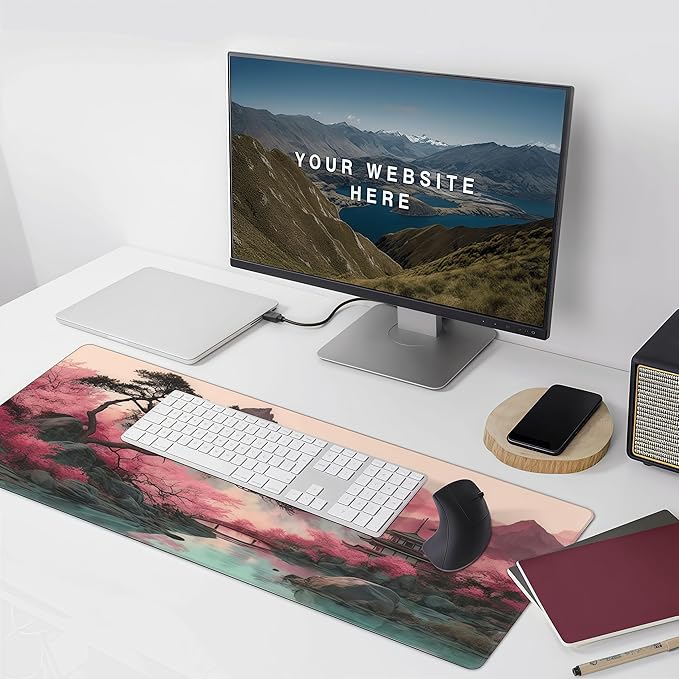 Gaming Mouse Pad, Japanese Cherry Blossom Watercolor Design, 35.4x15.7 Inches, Extended Desk Mat with Rubber Material, Rectangular Shape, Anti-Skid Base