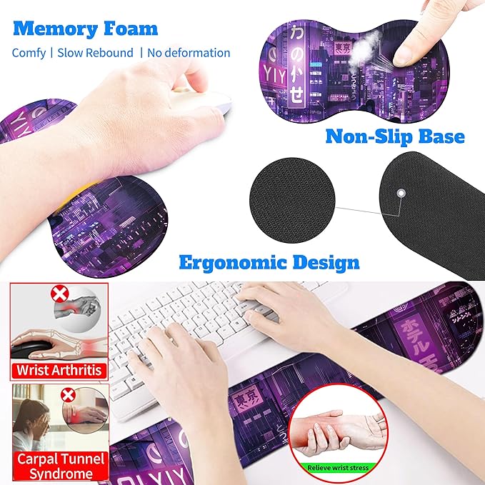 4-Piece Extended Large Mouse Pad Set for Women Men with Purple Anime Design Includes 35.4 x 15.7 XXL Large Mouse Pad Keyboard Wrist Rest Mouse Wrist Support and Coaster for Office Home