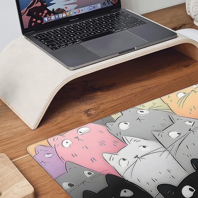 Large Mouse Pad with Cute Cat Design, Non-Slip Rubber Desk Mat, Rectangular Gaming Office Keyboard Pad, 35.4x15.7 Inches