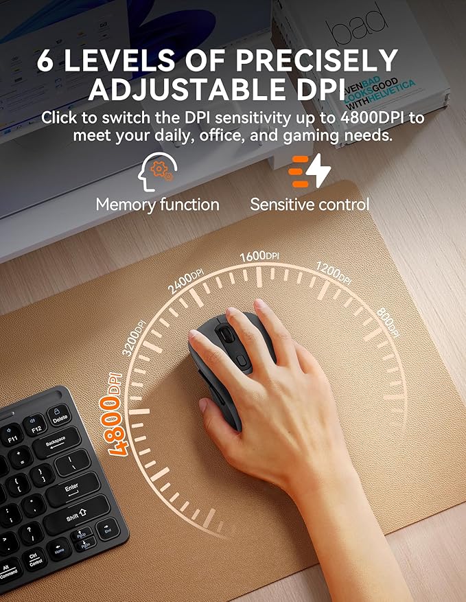 TECKNET Bluetooth Mouse, [ USB + BT1 + BT2 ] Wireless Mouse for Laptop, Silent Click, Ergonomic Design, 4800 DPI Computer Mice Wireless, Dual Mode for Laptop, Computer, iPad, MacBook