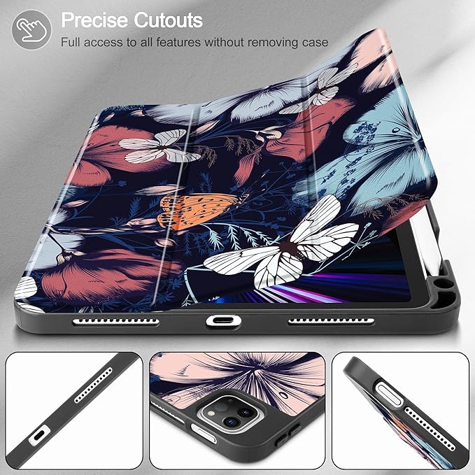 May Chen Case for iPad Pro 11 inch (4th, 3rd, 2nd & 1st Gen) 2022 2021 2020 2018, Trifold Stand + Pencil Holder + Auto Wake/Sleep + Soft TPU Protective Stand Back Cover, Flowers & Butterflies