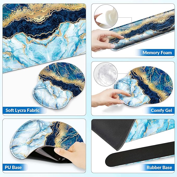 Desk Mat Set + Keyboard and Mouse Pad with Wrist Rest Support,4-in-1 Large Mousepad Computer Mats for Desktop Home & Office-Marble 2