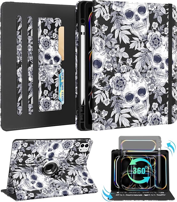 Kidcube for iPad Pro 13 Inch Case M4 2024 - Women Girl Cute Rotating Stand Folio Cover with Pencil Holder & Card Slot Flower Goth Skull Unique Design for iPad Pro 13 Inch Case 2024 (A2925 A2926 A3007)