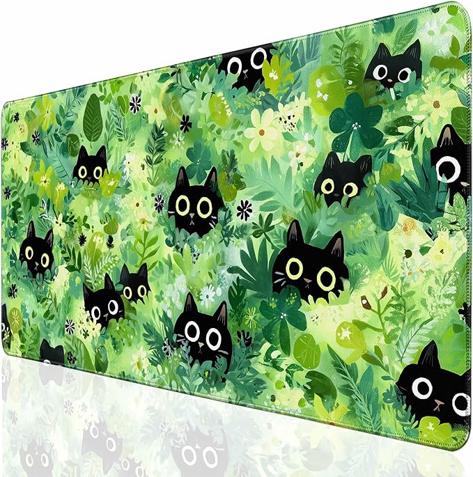 Desk Cover Mat, Extended Large Anime Mouse Pad, Computer Laptop Mat Desk Decor for Office Game Home 31.5 X 15.7 Inch (Green Plant Cat)