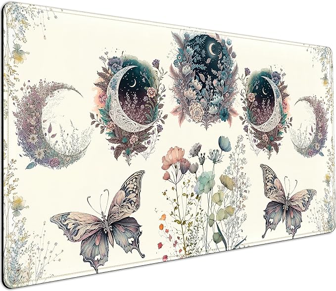 Beige Flowers Desk Mat Mousepad Cute Boho Plants Large Extended Gaming Mouse Pad XXL 31.5x15.75 in, Aesthetics Floar Butterfly Moon Laptop Keyboard and Mouse Mat for Women Office Gamer Girl Decor