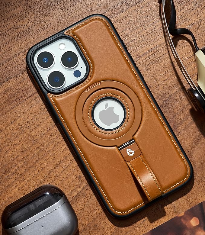 Butaiga for iPhone 15 Pro Leather Case with Stand, Anti-Slip Grip Ring, Fits for MagSafe (Brown, iPhone 15 Pro)