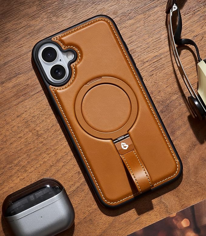 Butaiga for iPhone 17 Leather Case with Stand, Anti-Slip Grip Ring, Fits for MagSafe (Brown, iPhone 17)