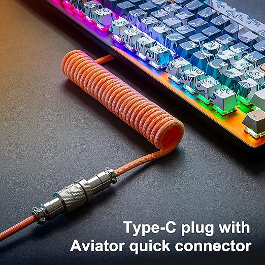 GUNMJO Pro Custom Premium Coiled USB C Cable for Gaming Keyboard, Double-Sleeved Mechanical Keyboard Cable with Detachable Metal Aviator, 1.5M USB-C to USB-A, Brilliant Orange Color